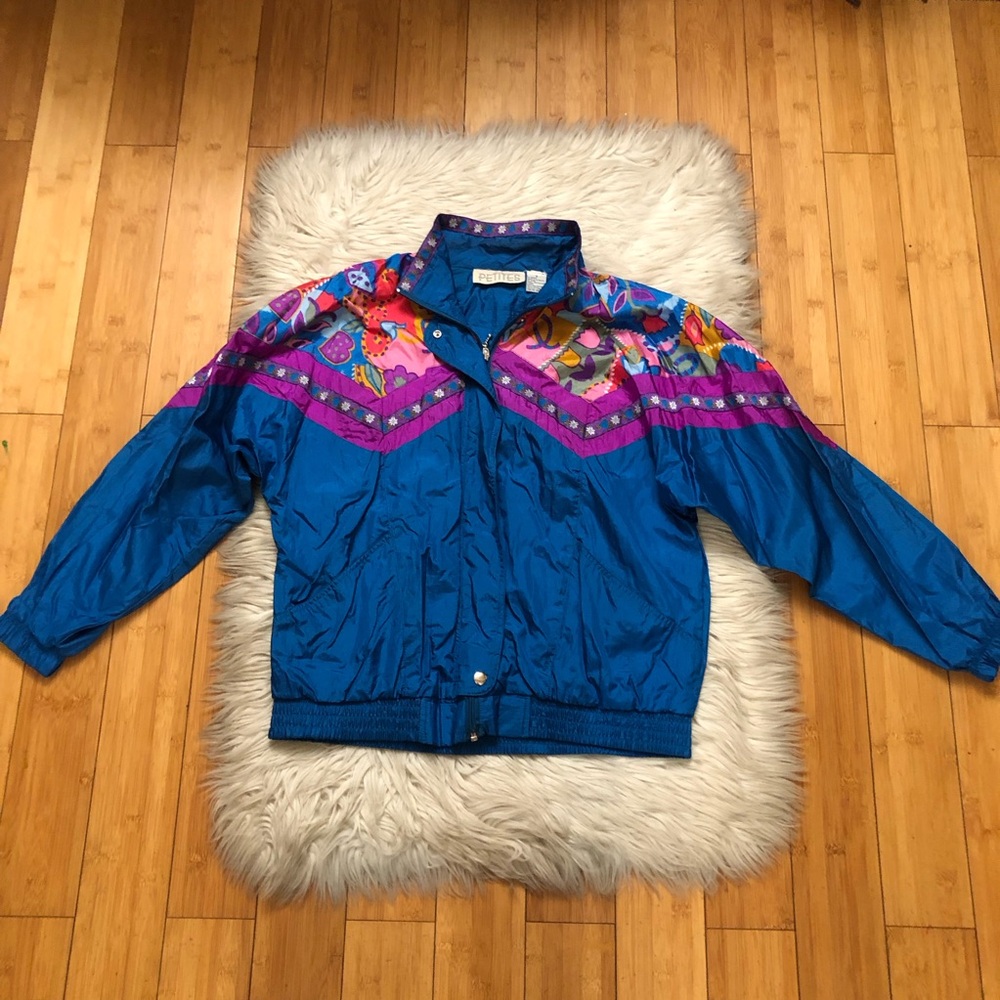 Vintage 80s 90s Petites Blue Floral Funky Bold Windbreaker Jacket Womens size S